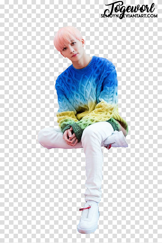 SEVENTEEN CLAP ERA, man wearing sweater and denim fitted jeans while sitting down transparent background PNG clipart