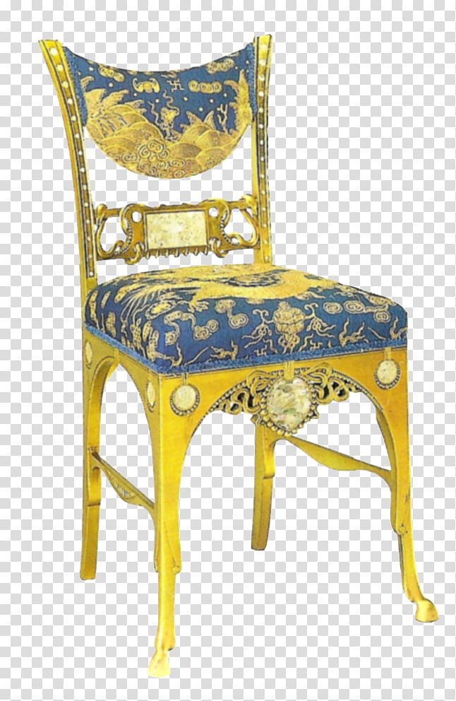 Blue and gold antique chair, gold based blue floral padded chair transparent background PNG clipart
