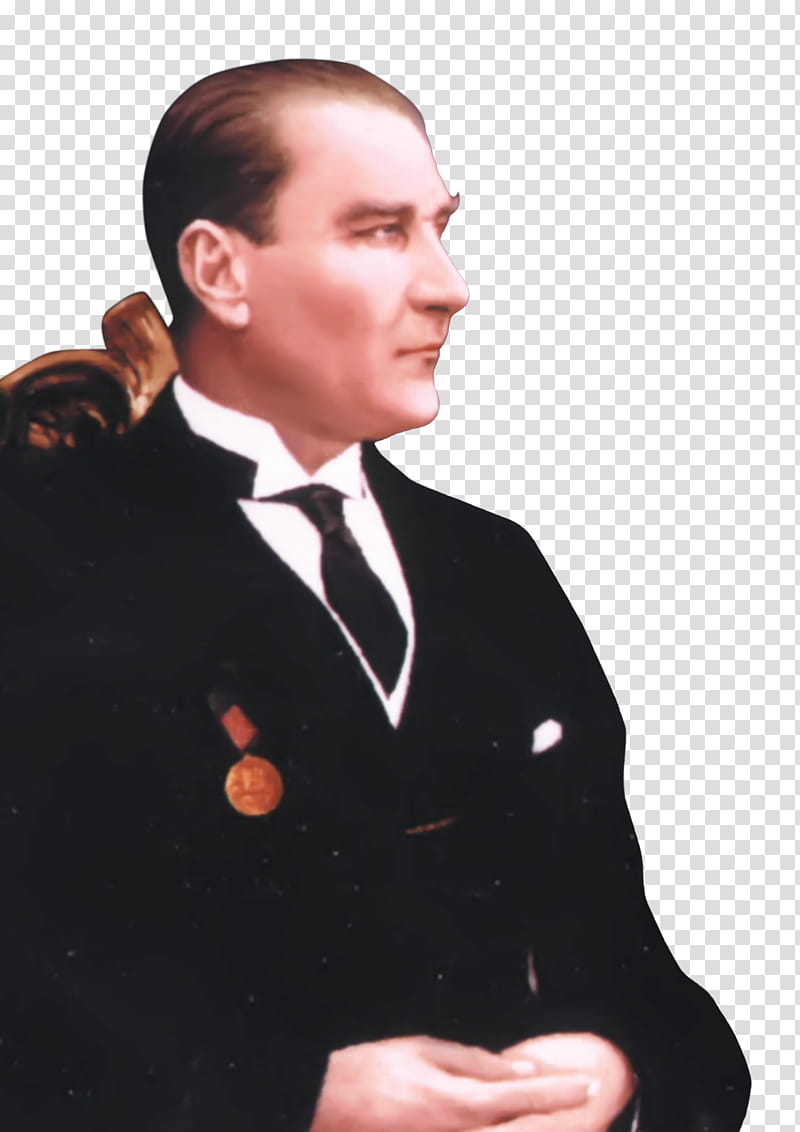 ATATURK, man in black suit sitting on brown chair transparent background PNG clipart