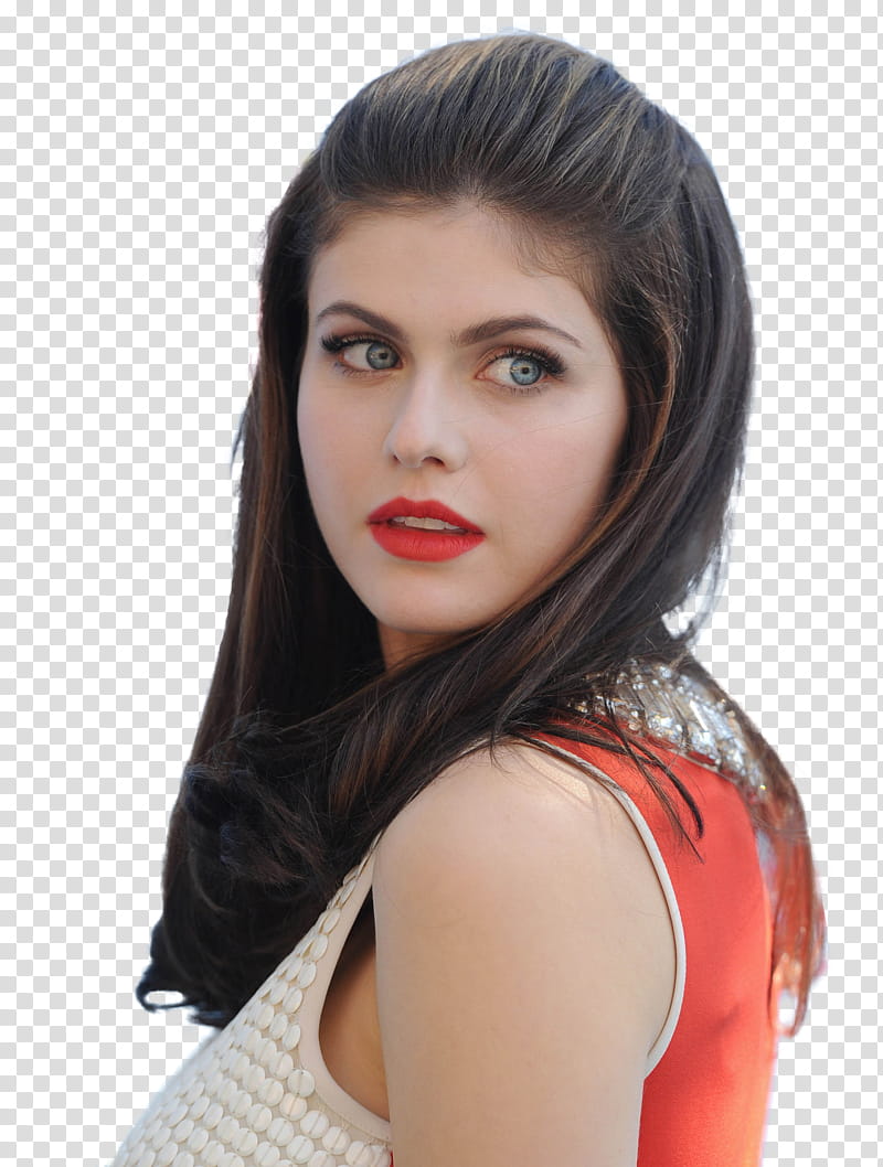 Alexandra Daddario, woman wearing beige and red sleeveless shirt transparent background PNG clipart