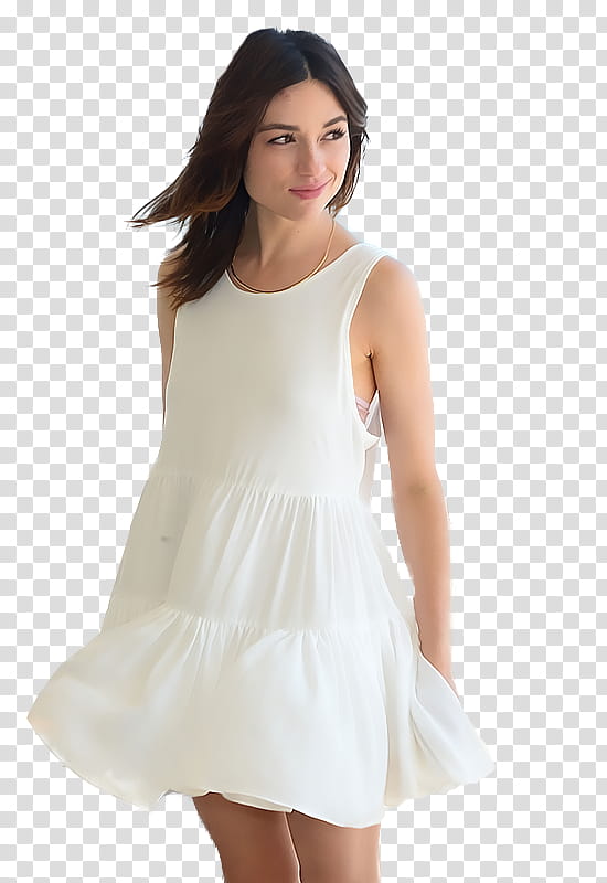 Crystal Reed, smiling woman standing an d looking side view transparent background PNG clipart