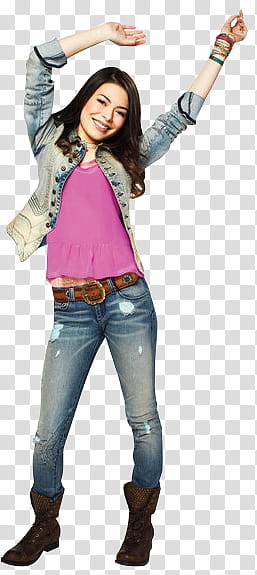 unknown celebrity wearing pink blouse and blue faded denim jacket and blue faded jeans with pair of brown leather boots transparent background PNG clipart