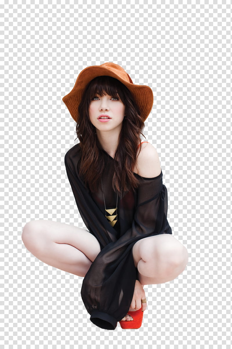 Carly Rae Jepsen, woman in black off-shoulder dress and brown hat transparent background PNG clipart
