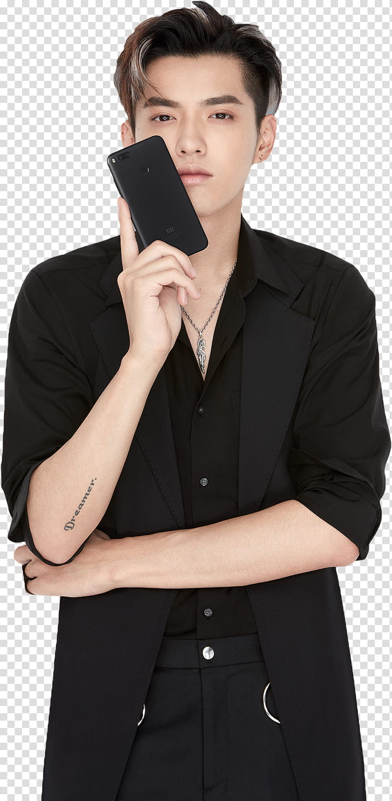 Kris Wu XiaoMi, man wearing black notched-lapel coat holding black iPhone  transparent background PNG clipart