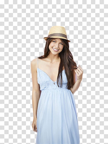 Melissa Benoist wearing blue spaghetti strap dress standing and smiling transparent background PNG clipart