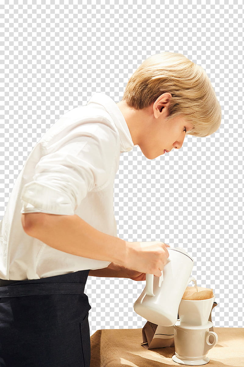 EXO UNIVERSE, man wearing white shirt pouring coffee transparent background PNG clipart