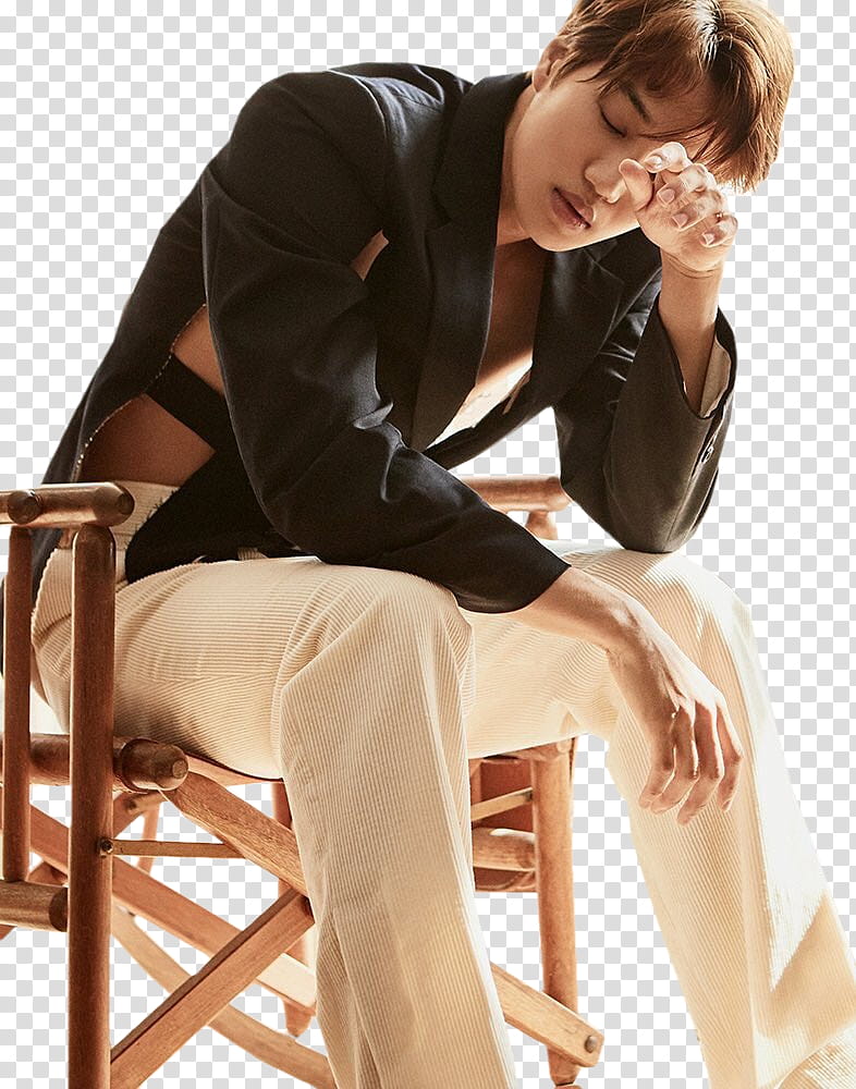 Kai EXO, person sitting on brown wooden chair while touching his face transparent background PNG clipart