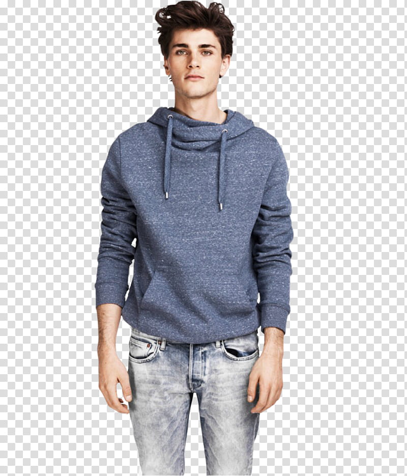 Male Model s, portrait graphy of man wearing blue pullover hoodie and gray denim jeans transparent background PNG clipart