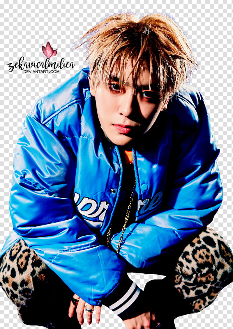 NCT  Jaehyun Limitless, man squatting wearing blue jacket and leopard pants transparent background PNG clipart