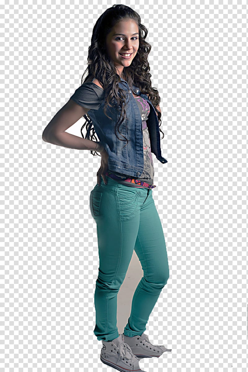 Greeicy Rendon wearing blue denim shirt with right arm akimbo standing and smiling transparent background PNG clipart