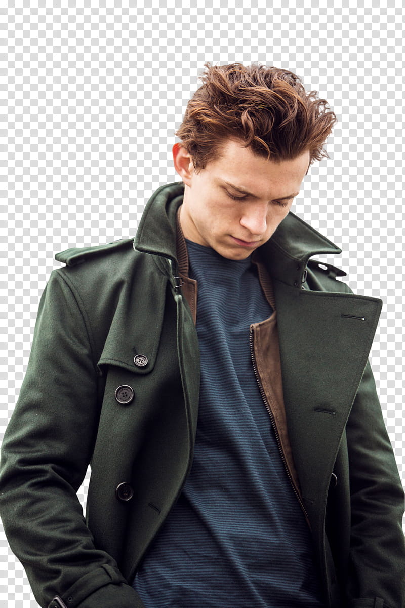 Tom Holland, man wearing blue shirt and green coat standing while looking down transparent background PNG clipart