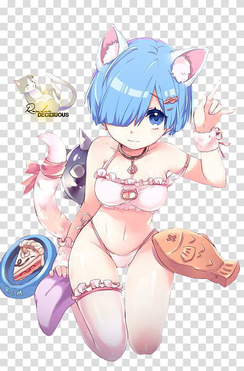 render Rem Neko, blue-haired female anime character wearing bikini transparent background PNG clipart