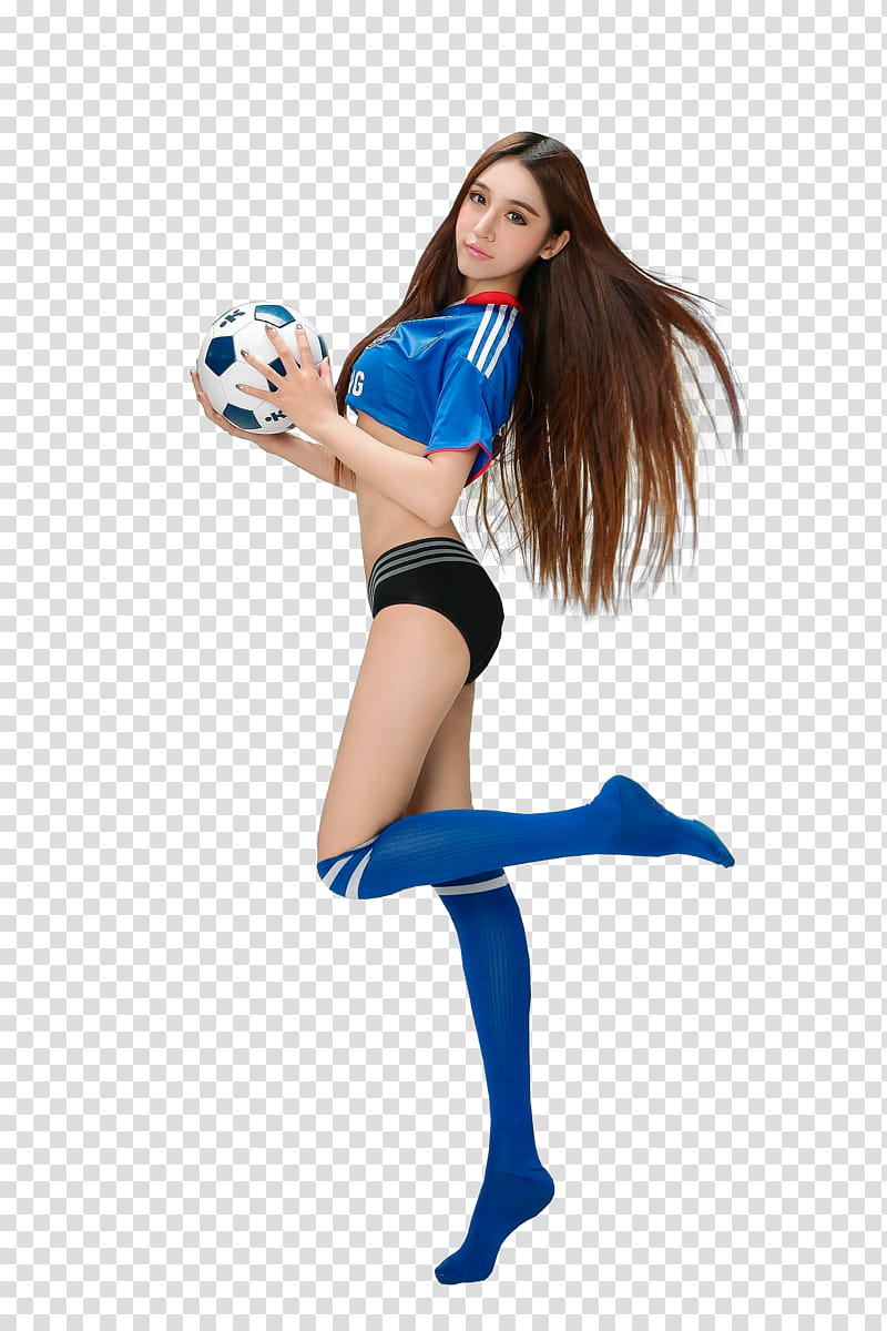 woman in blue crop top holding soccer ball transparent background PNG clipart