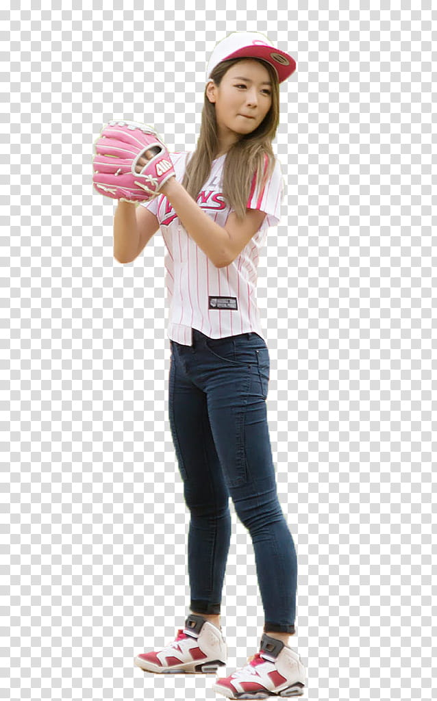 Bomi Apink  Render, woman wearing pink baseball mitt while standing transparent background PNG clipart