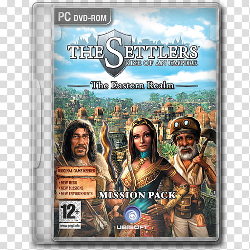 Game Icons , The-Settlers-VI-The-Eastern-Realm, The Settlers PC DVD-ROM case cover transparent background PNG clipart
