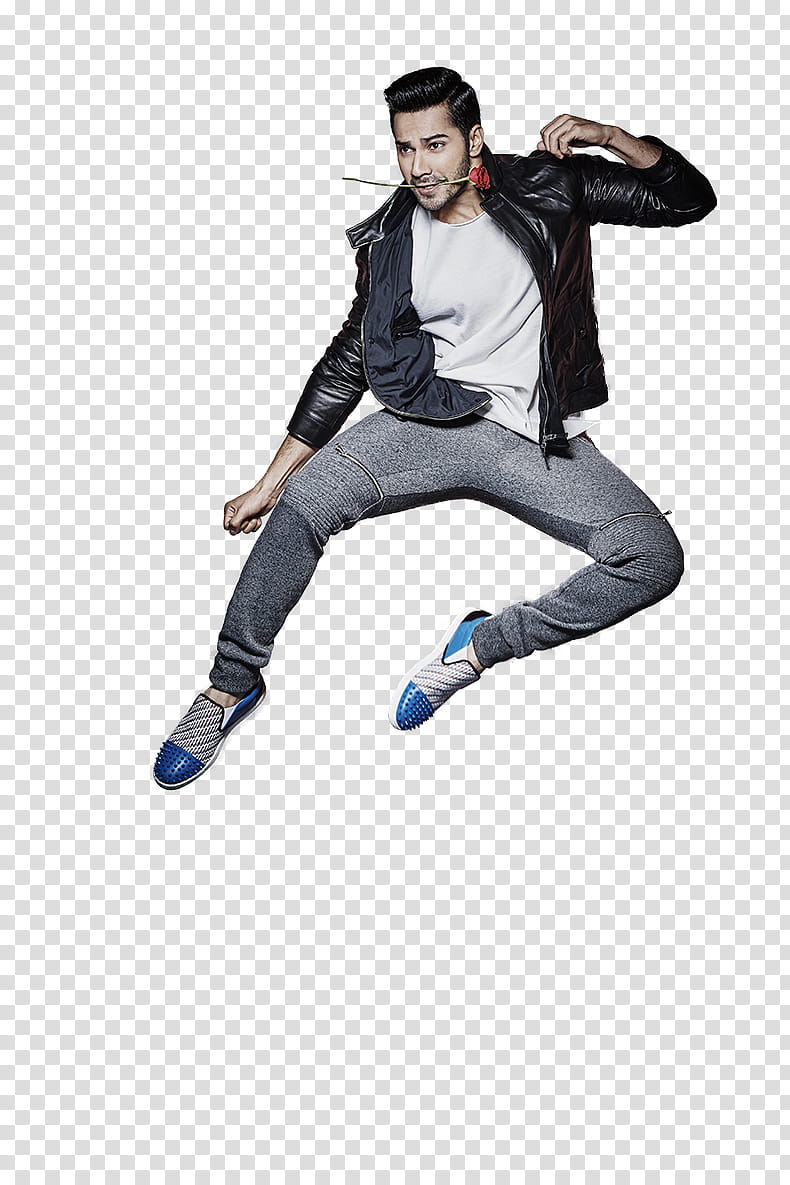 Varun Dhawan, man wearing black leather jacket and gray pants transparent background PNG clipart