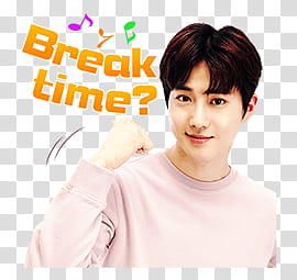 EXO LINE STICKERS, man in gray crew-neck long-sleeved shirt smiling with break time text overlay transparent background PNG clipart