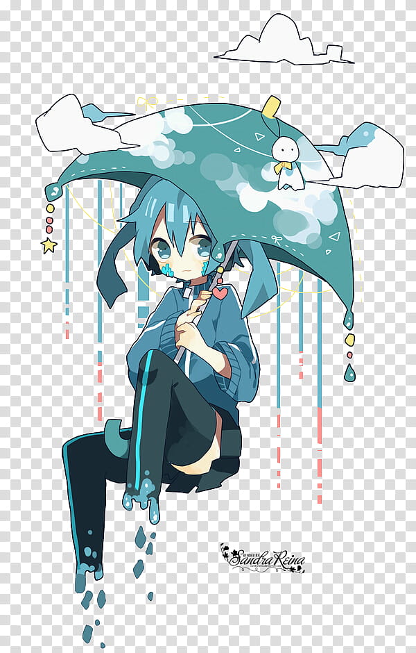 [Render #] Ene on raining day, female anime character sitting under umbrella transparent background PNG clipart