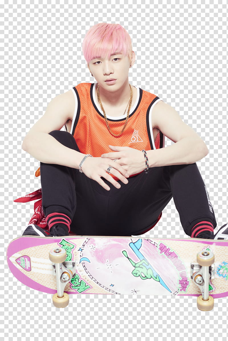 KANG DANIEL WANNA ONE , man in orange and black tank top with pink skateboard transparent background PNG clipart