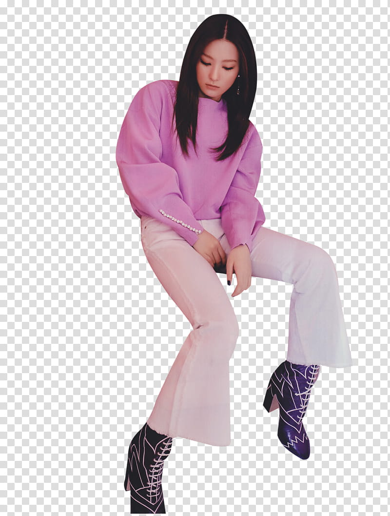 Seulgi, sitting woman wearing pink long-sleeved shirt and white pants transparent background PNG clipart
