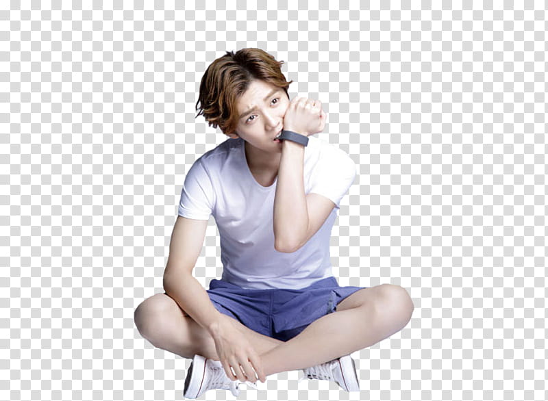 Luhan, man in white T-shirt raising left arm transparent background PNG clipart