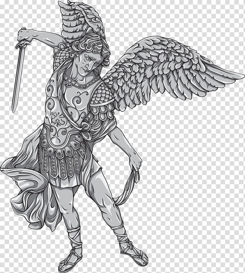 Angel, Archangel, Michael, Drawing, Line Art, Mythology, Costume Design, Blackandwhite transparent background PNG clipart