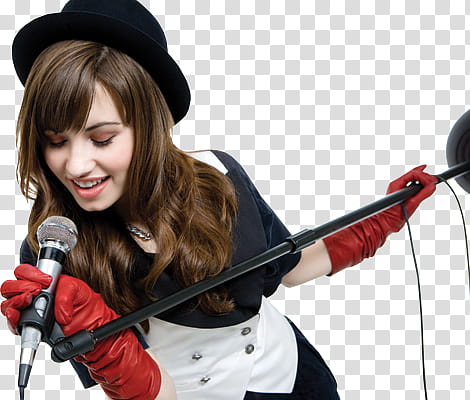 Star s, smiling woman while holding microphone with stand transparent background PNG clipart