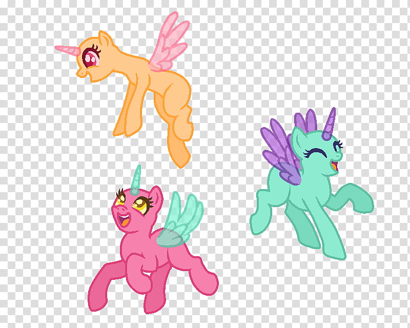 Happy Group Base, three assorted-color my little pony illustrations transparent background PNG clipart