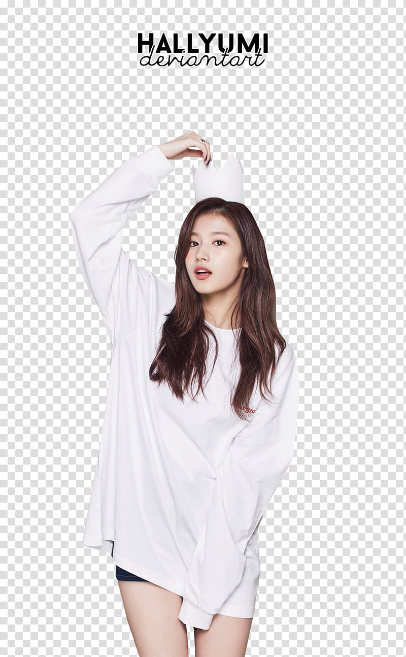 Sana, woman standing while wearing white long-sleeved shirt transparent background PNG clipart