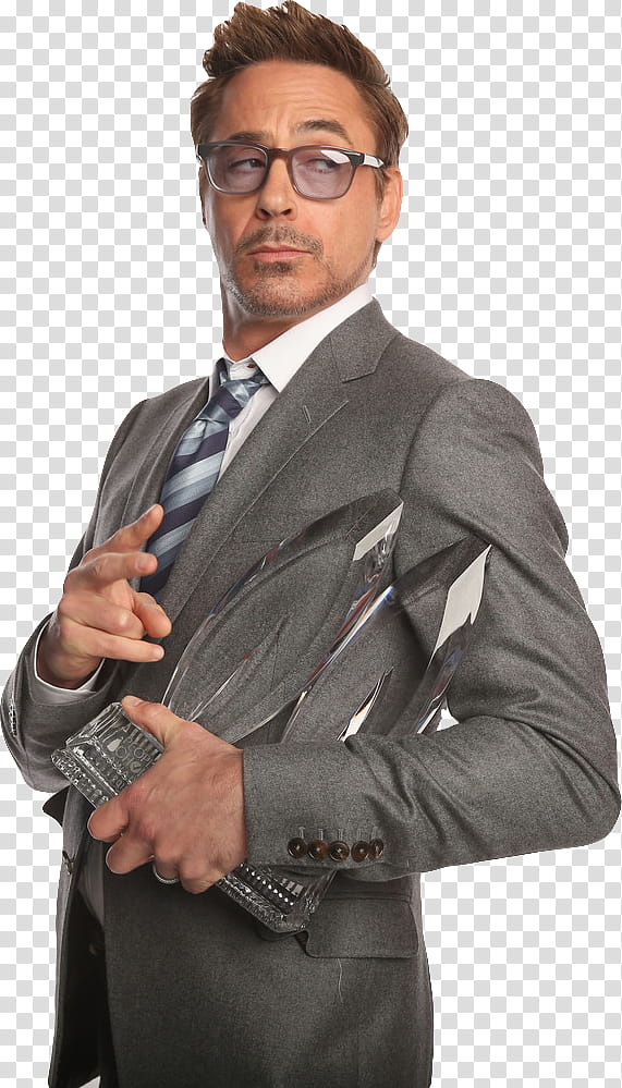 Robert Downey Jr, Robert Downey Jr. wearing gray suit holding two clear glass plaques transparent background PNG clipart