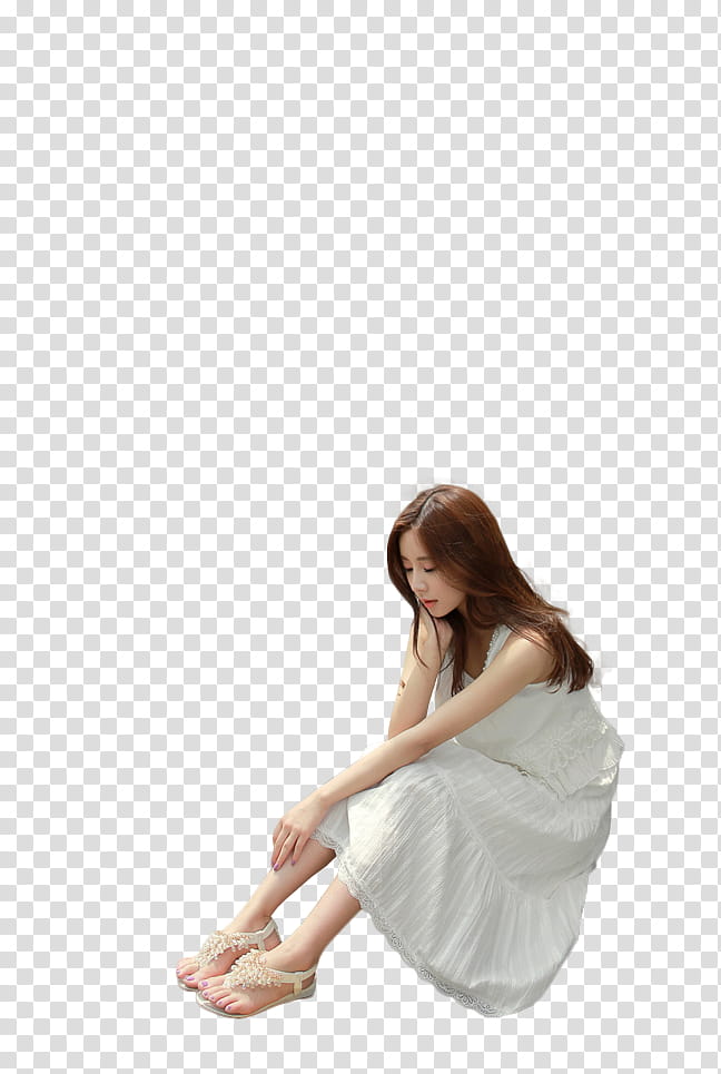 Jung Yeon, woman in white sleeveless dress and white thong sandals transparent background PNG clipart