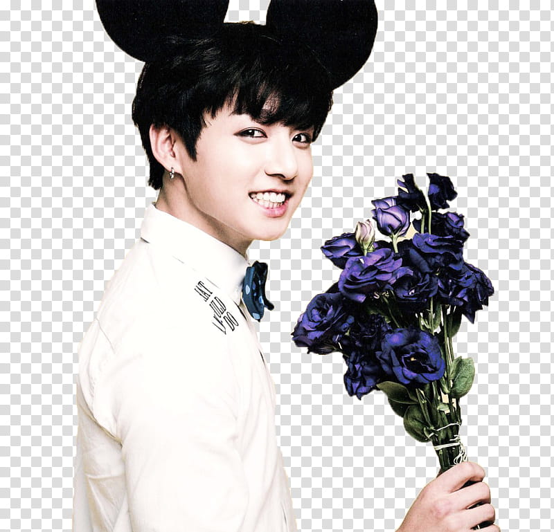 BTS Jungkook Season Greetings, smiling man holding purple lisianthus flower bouquet transparent background PNG clipart