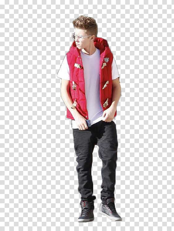 Justin Bieber, standing Justin Bieber in red vest and white shirt with black pants outfit transparent background PNG clipart