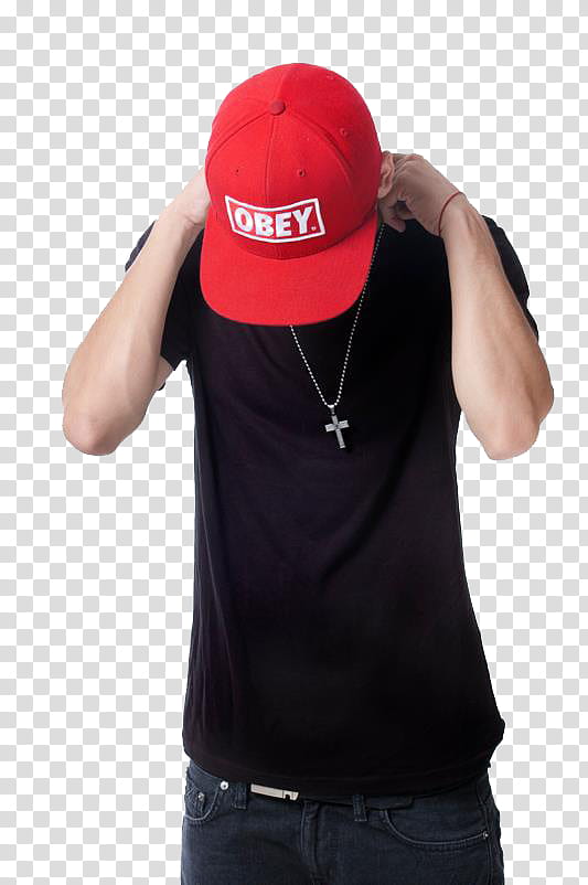 Mc Davo, red Obey printed fitted cap transparent background PNG clipart