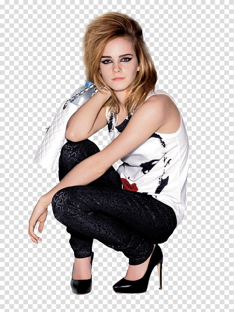 sEmmaWatson, sitting Emma Watson wearing white tank top transparent background PNG clipart