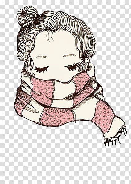 girl using pink scarf line art transparent background PNG clipart