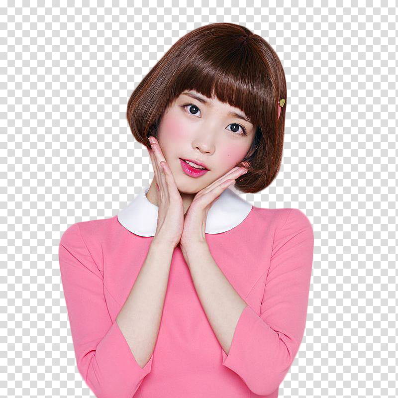RENDER  S IU, smiling woman wearing pink and white long-sleeved collared shirt while holding her face transparent background PNG clipart