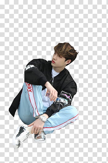 STRAY KIDS  STAR , man wearing black jacket and blue pants outfit transparent background PNG clipart