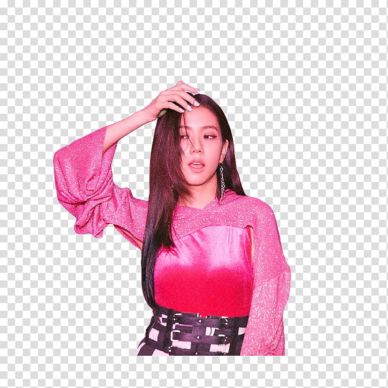 Jisoo, woman wearing red top holding her head transparent background PNG clipart