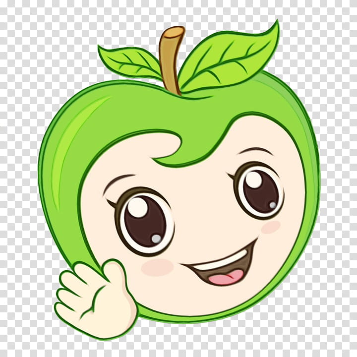 green face cartoon apple facial expression, Watercolor, Paint, Wet Ink, Leaf, Fruit, Head, Smile transparent background PNG clipart