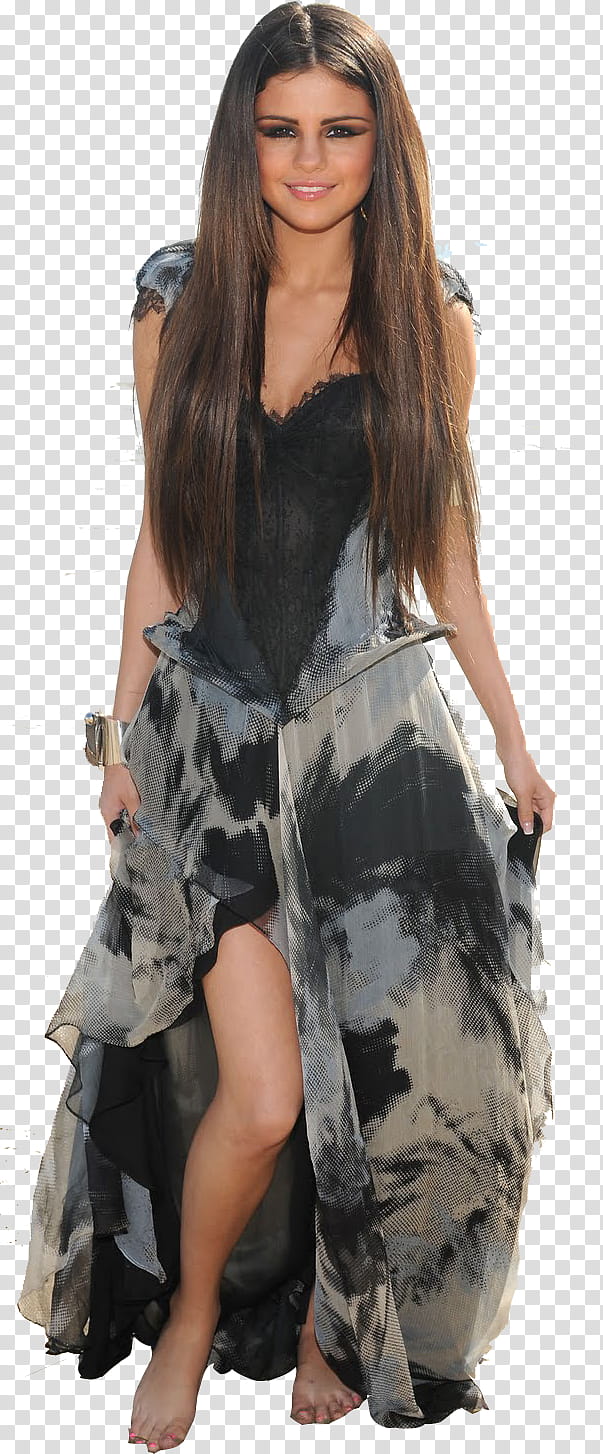 SelenaGomez, Selena Gomez wearing grey and black dress transparent background PNG clipart