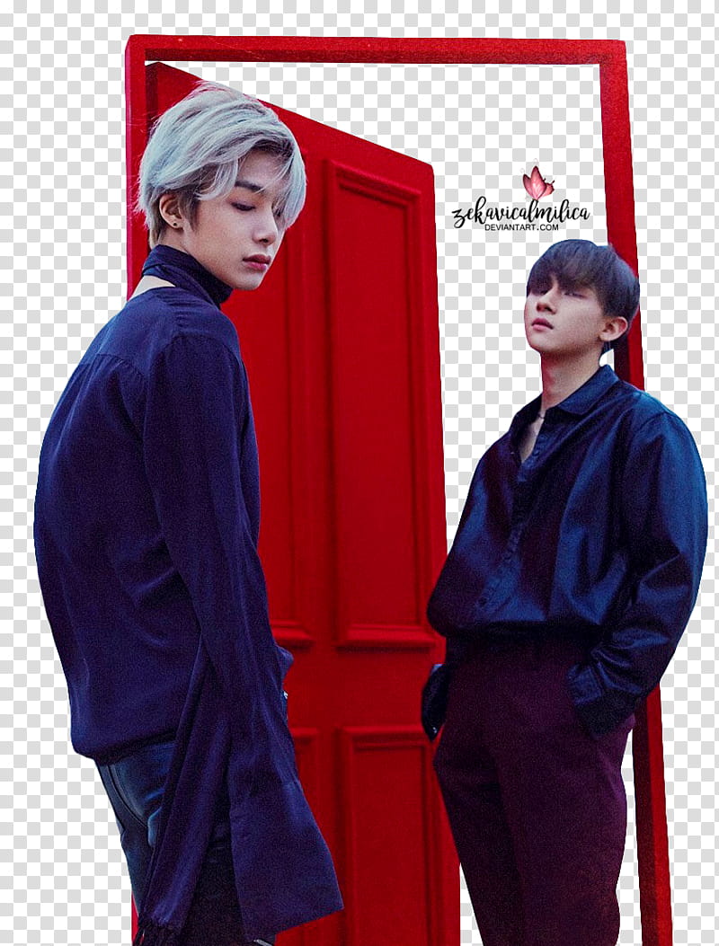 Monsta X Are You There, man in purple long-sleeved shirt in front of man leaning on red door frame transparent background PNG clipart