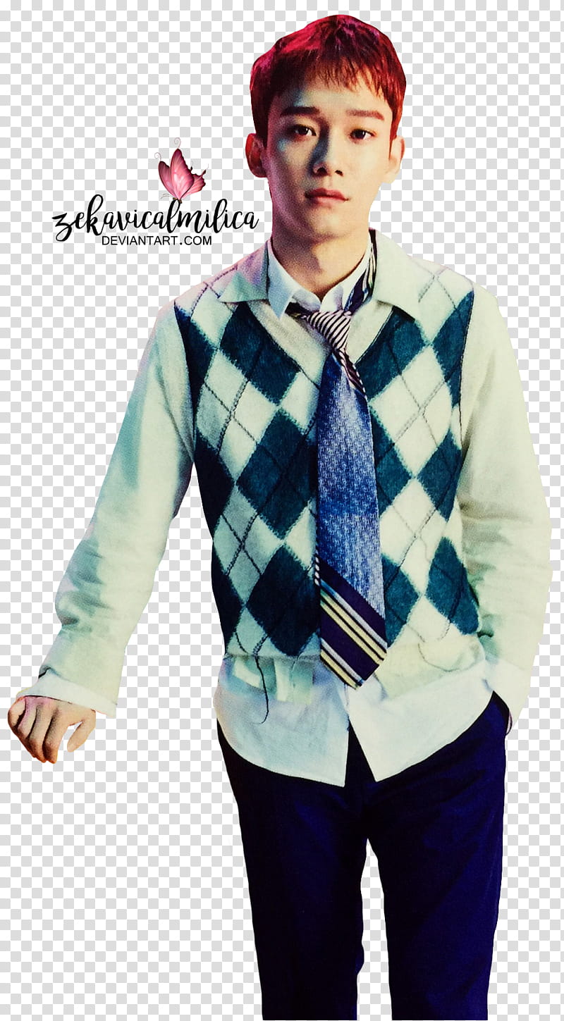 EXO CBX Chen MAGIC, man wearing argyle-printed shirt standing transparent background PNG clipart