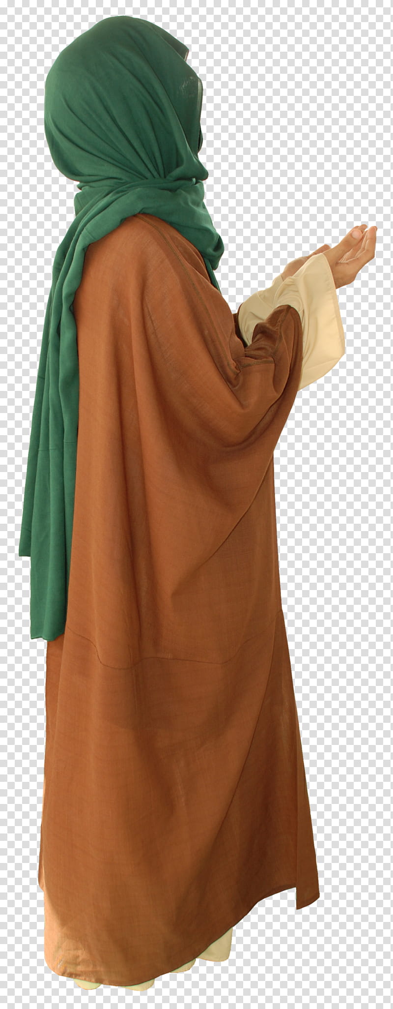 Arab old style clothes , woman wearing brown abaya and blue hijab headdress transparent background PNG clipart