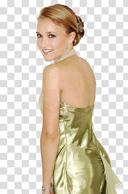 Emily Osment wearing yellow satin halterneck dress standing and smiling transparent background PNG clipart