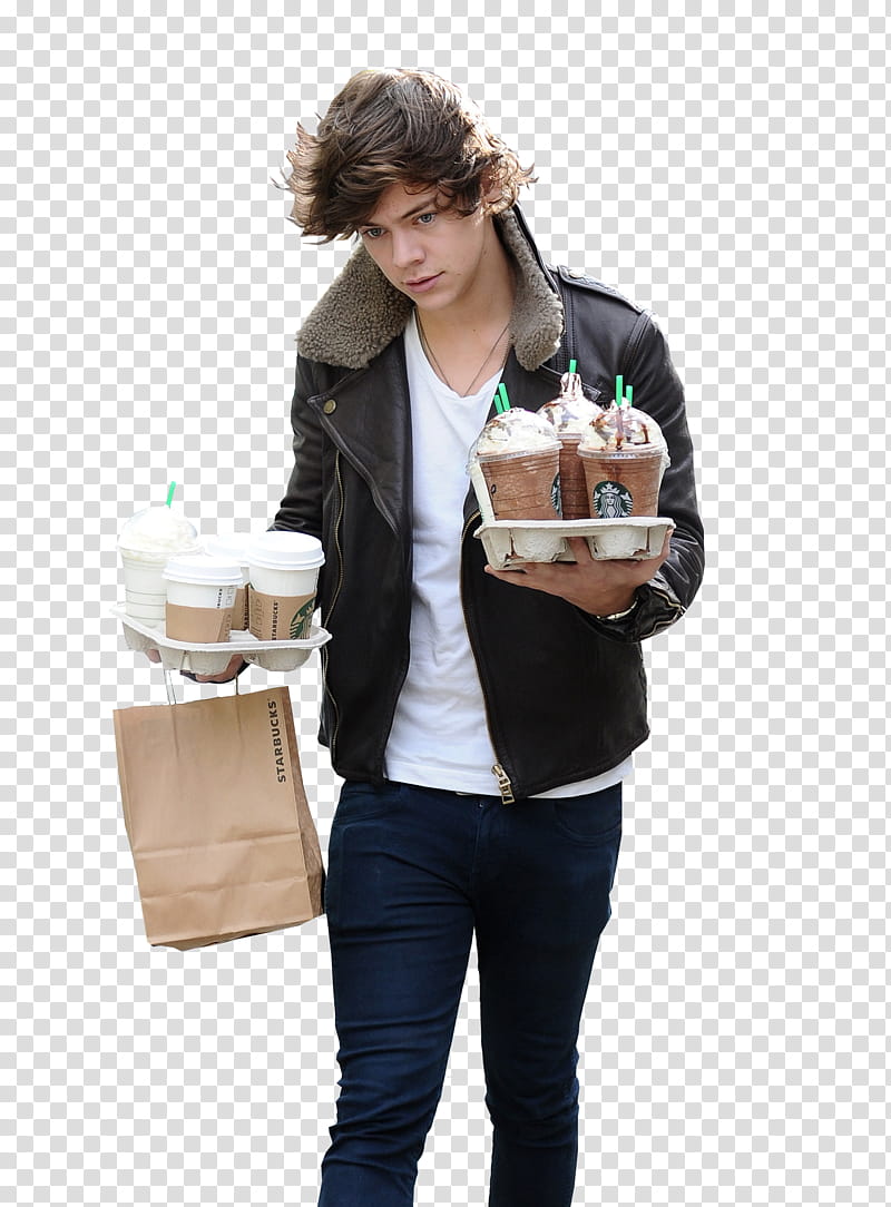 Harry Styles, man carrying StarBucks coffees transparent background PNG clipart