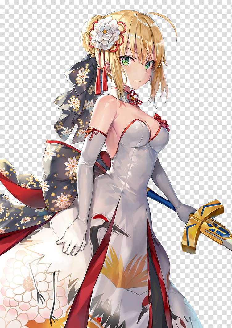 Saber (Fate Series) Render, blonde-haired woman in white and red strapless dress anime character transparent background PNG clipart