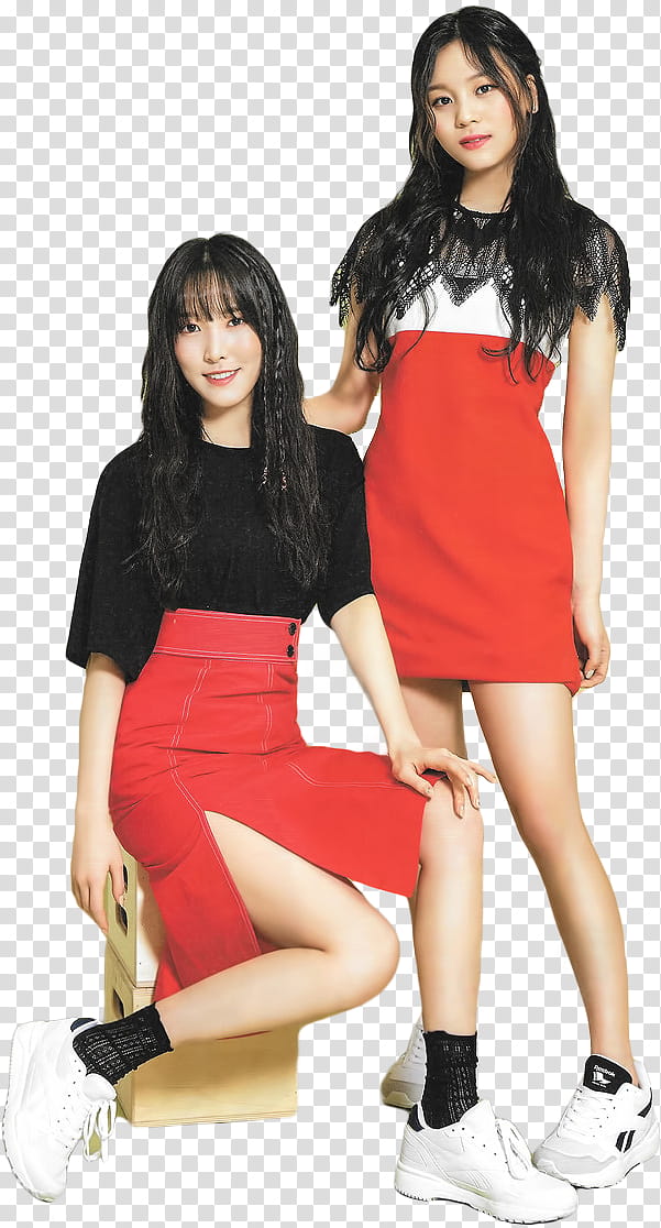 GFriend DAZED KOREA , two woman standing and sitting on blue surface transparent background PNG clipart