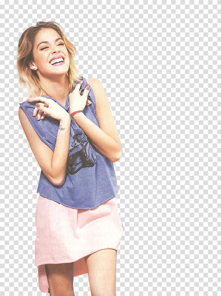 Martina Stoessel, laughing woman in blue blouse transparent background PNG clipart