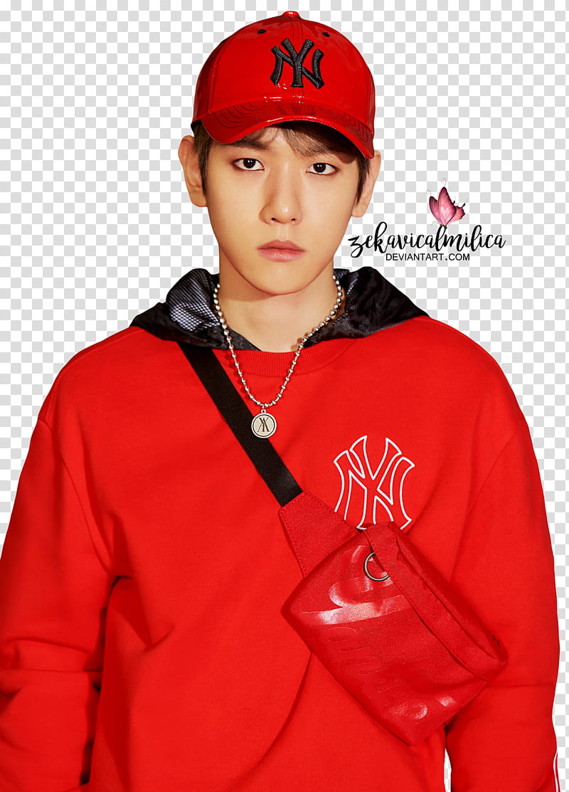 EXO Baekhyun MLB, man wearing red New York Yankees cap transparent background PNG clipart